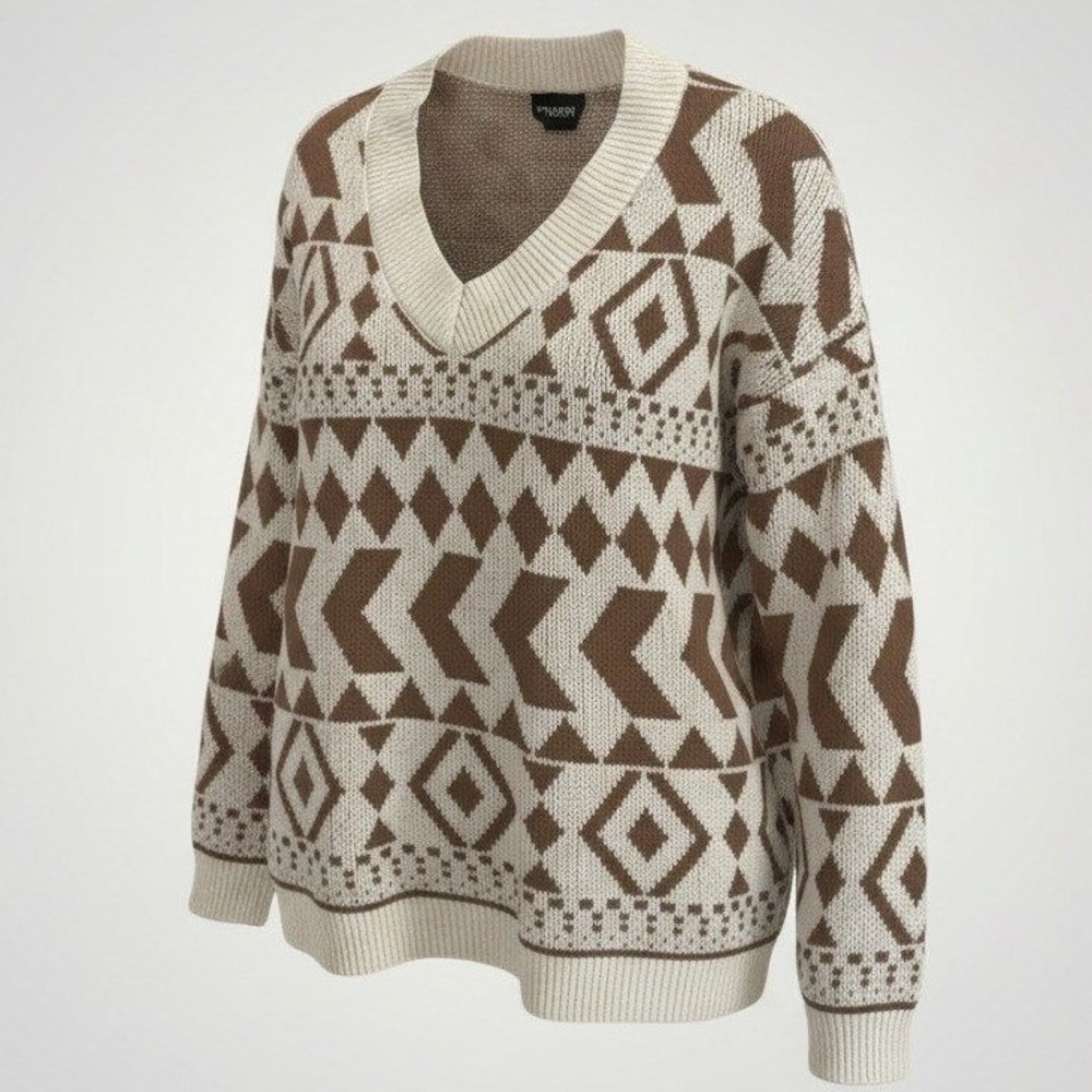 Heimish V-Neck Sweater Women Large Brown Aztec Southwest Oversized Cozy Relaxed